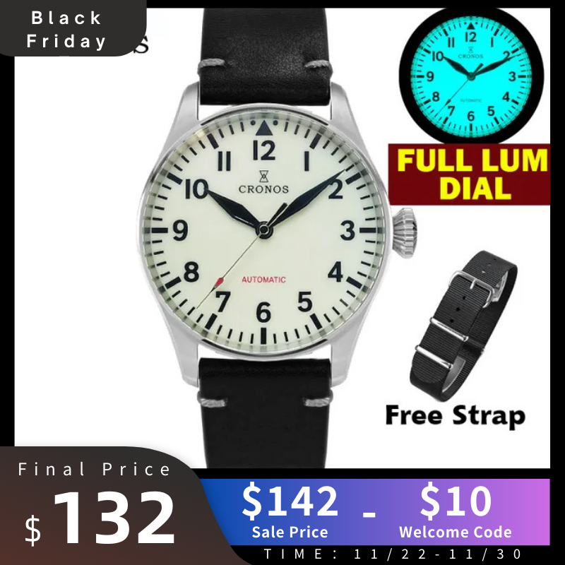 ★Black Friday★Cronos Pilot Flieger Mechanical  Leather Strap L6001