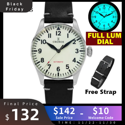 ★Black Friday★Cronos Pilot Flieger Mechanical  Leather Strap L6001