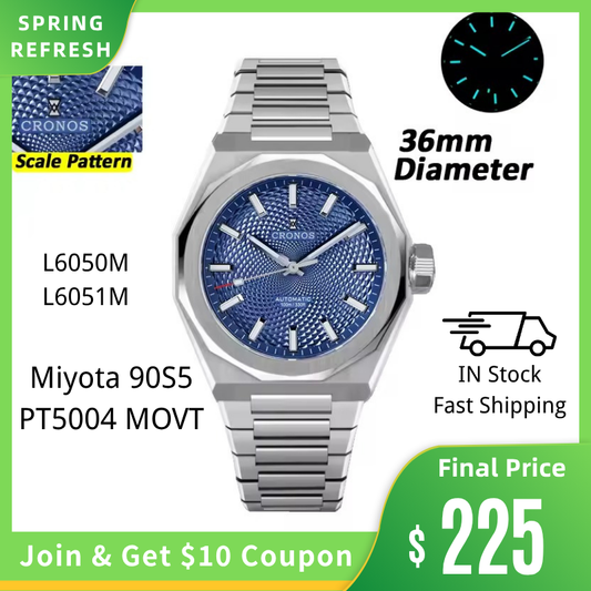 Cronos 2026 NEW 36mm Automatic PT5004/Miyota 90s5 See-through Back Watch L6050M L6051M