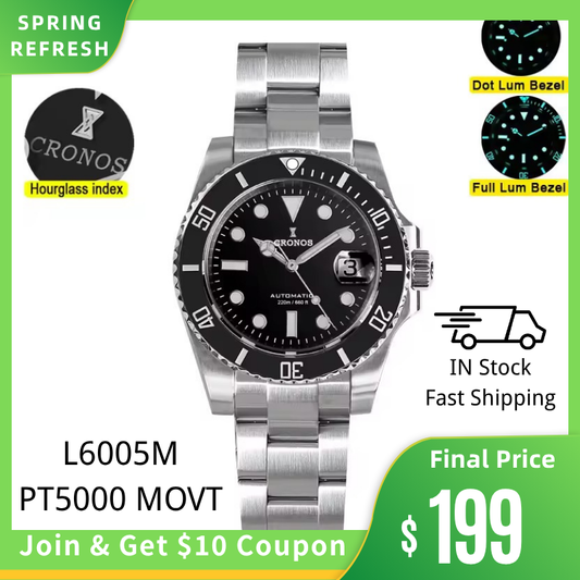 Cronos Sub  Luxury Dive Watch PT5000 Movement L6005-with Calendar