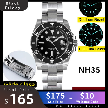 ★Black Friday★Cronos 2.5x Water Ghost NH35 Dive Watch L6015 with Calendar