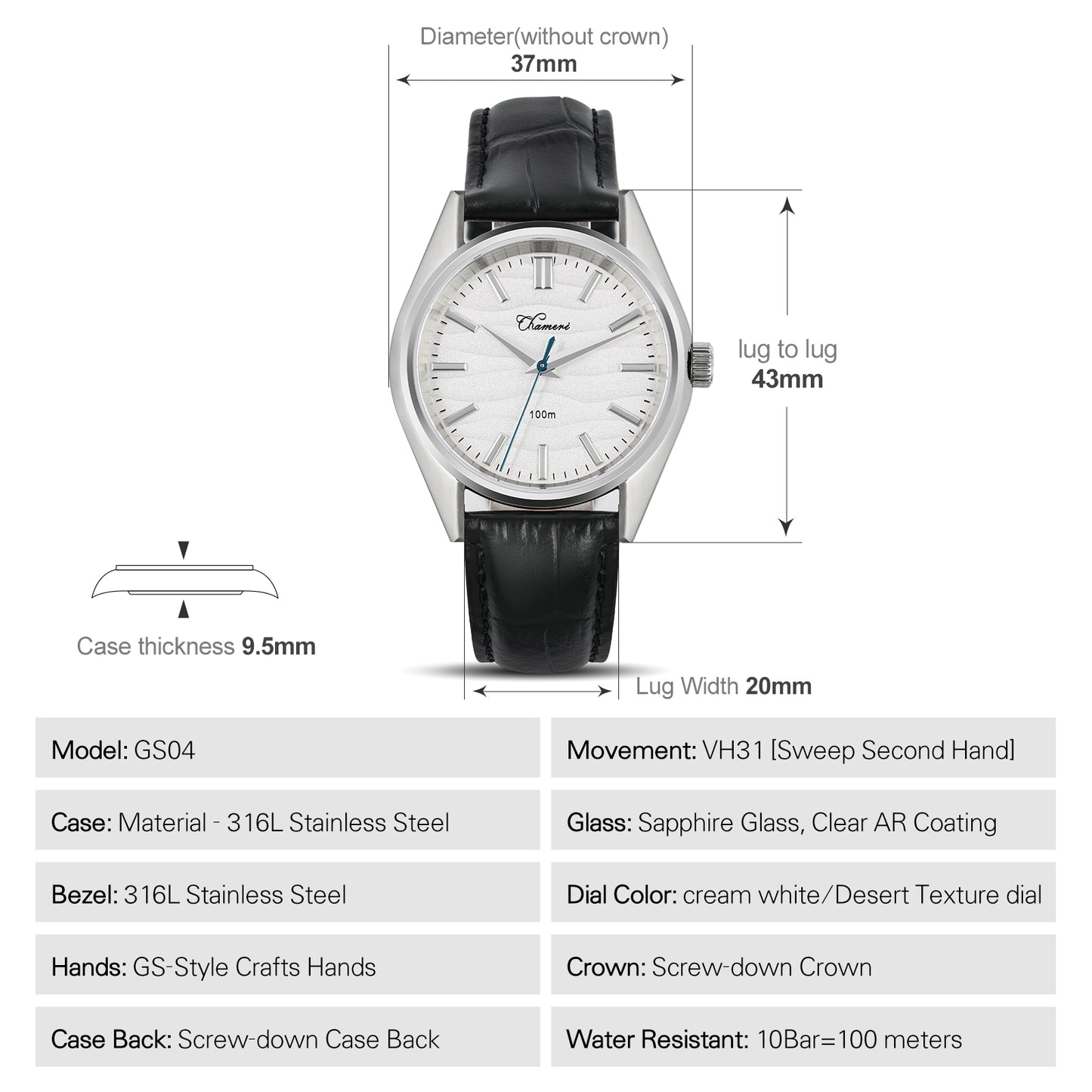 Chameri 37mm VH31 Sweep Second Quartz Watch GS04