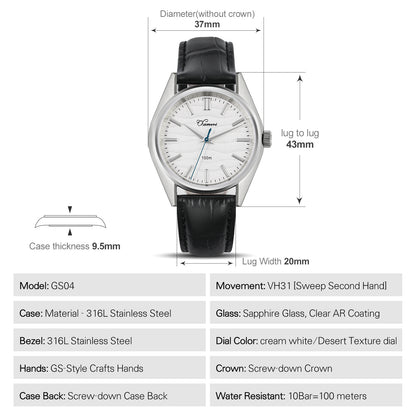 Chameri 37mm VH31 Sweep Second Quartz Watch GS04