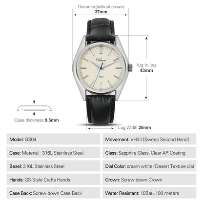 Chameri 37mm VH31 Sweep Second Quartz Watch GS04