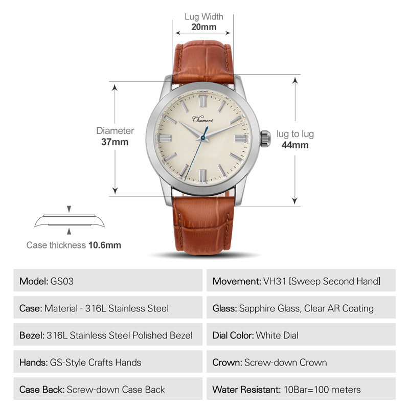 Chameri 37mm VH31 Sweep Second Quartz Watch GS03