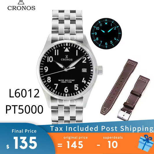 Cronos 39mm Vintage Pilot Mechanical Men Watch 5links Bracelet L6012