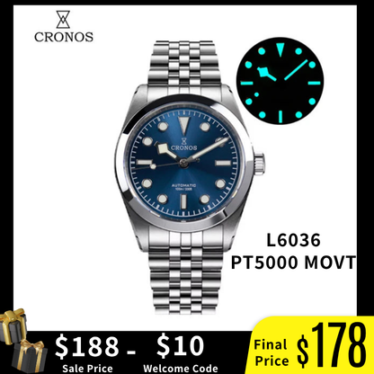 Cronos 36mm Snowflake Automatic Men Watch L6036