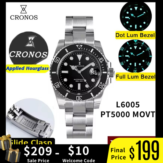 Cronos Water Ghost Luxury Dive Watch PT5000 Movement L6005-with Calendar