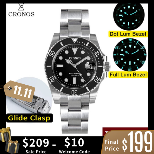 ★11.11 Sale★Cronos Water Ghost Luxury Dive Watch PT5000 Movement L6005-with Calendar