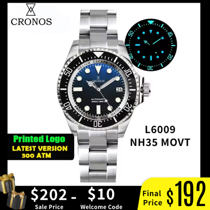 Cronos 44mm Sub Diver 2000 Meters Watch L6009M