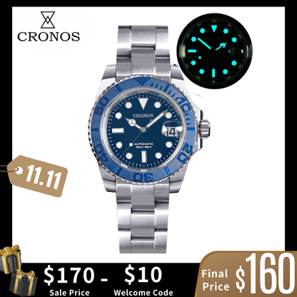 ★11.11 Sale★Cronos 2.5x Water Ghost Sub Dive Watch L6018 Fully Brushed Bracelet