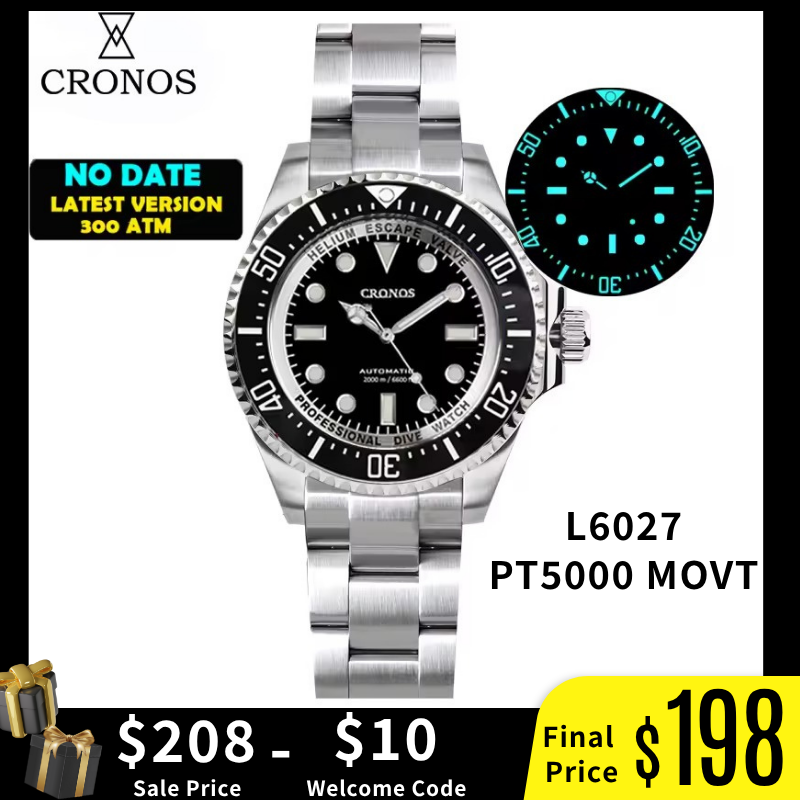 Cronos 44mm Sub Diver Watch PT/SW Movement L6027
