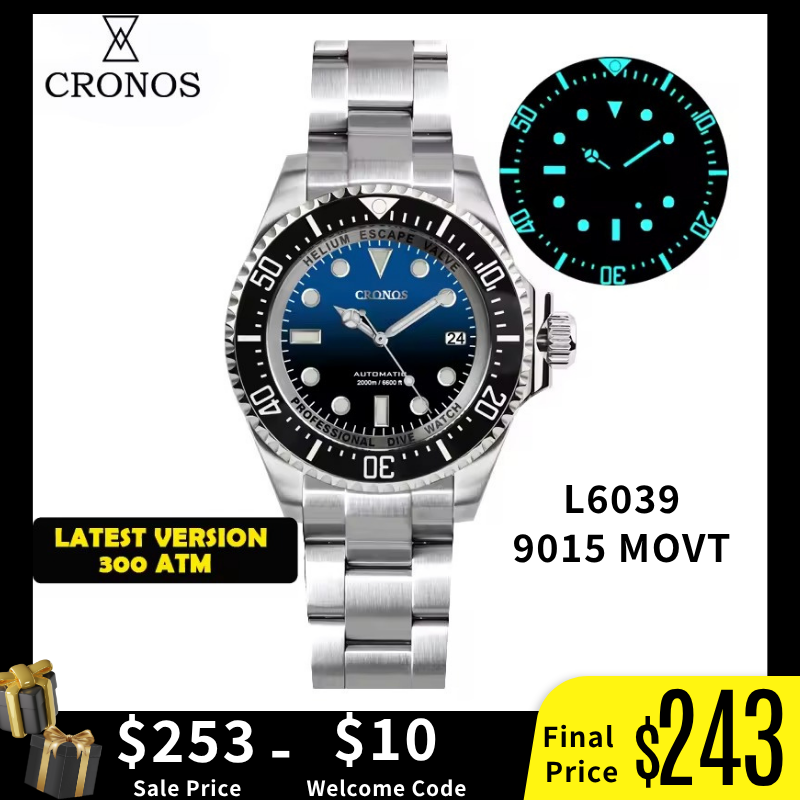 Cronos 44mm Sub Diver Watch 2000 Meters Water Miyota 9015 L6039