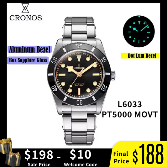 Cronos 37mm BB54 Vintage Diver Automatic Watches L6033-lid sapphire glass