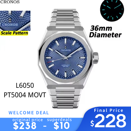 Cronos 2026 NEW 36mm Automatic PT5004/Miyota 90s5 See-through Back Watch L6050M L6051M