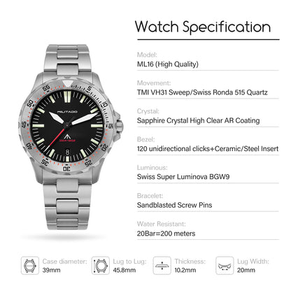 Militado ML16 39mm Sapphire Quartz Field Diver Watch