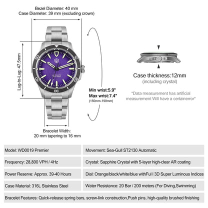 Watchdives Premier WD0019 ST2130 40mm Diver Watch