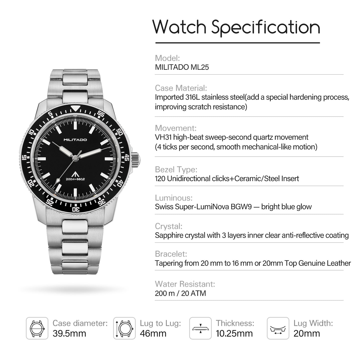 Militado 39.5mm Men Watch VH31 Sweeping Movt ML25