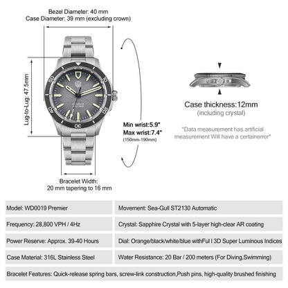 Watchdives Premier WD0019 ST2130 40mm Diver Watch