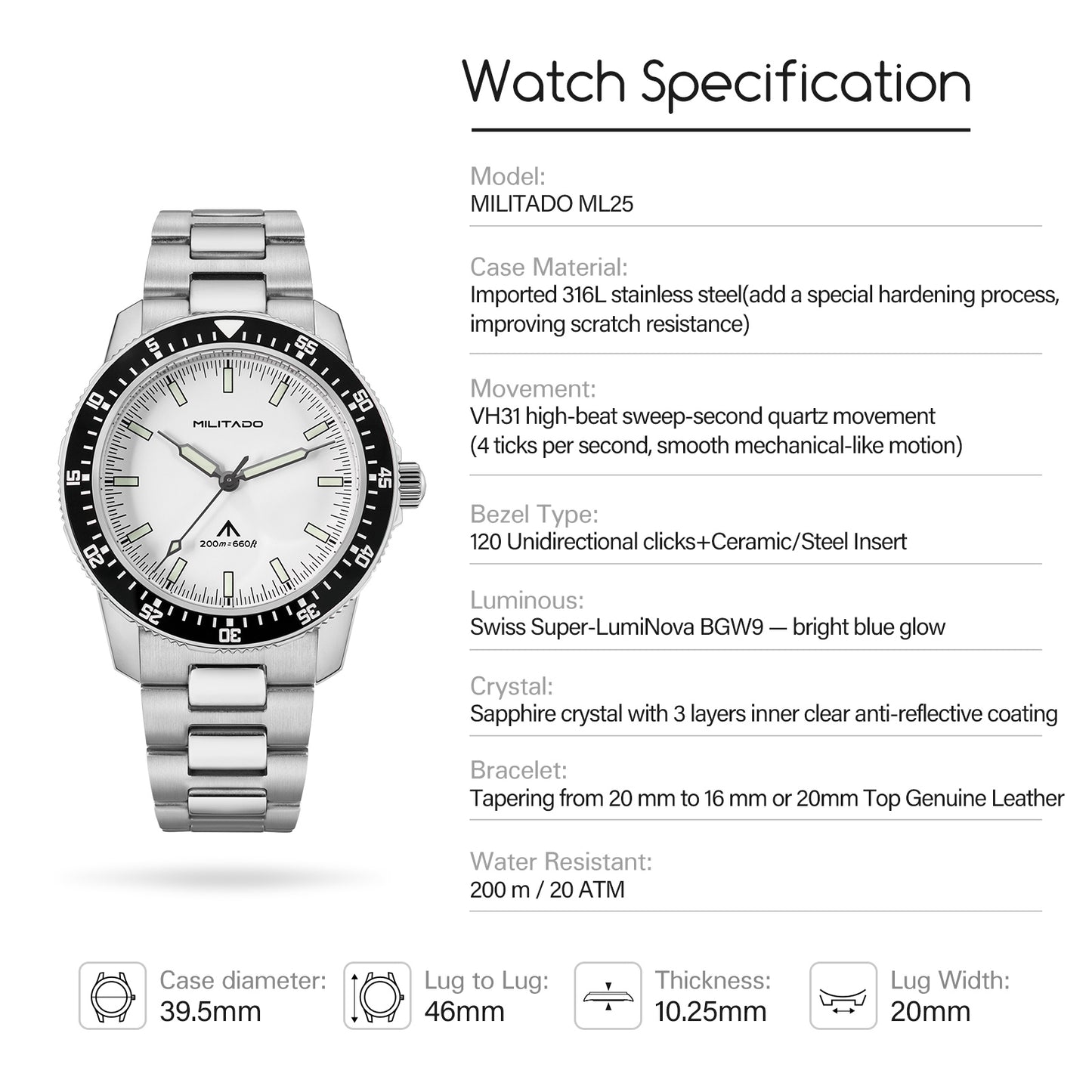 Militado 39.5mm Men Watch VH31 Sweeping Movt ML25