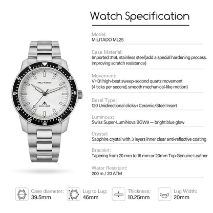 Militado 39.5mm Men Watch VH31 Sweeping Movt ML25