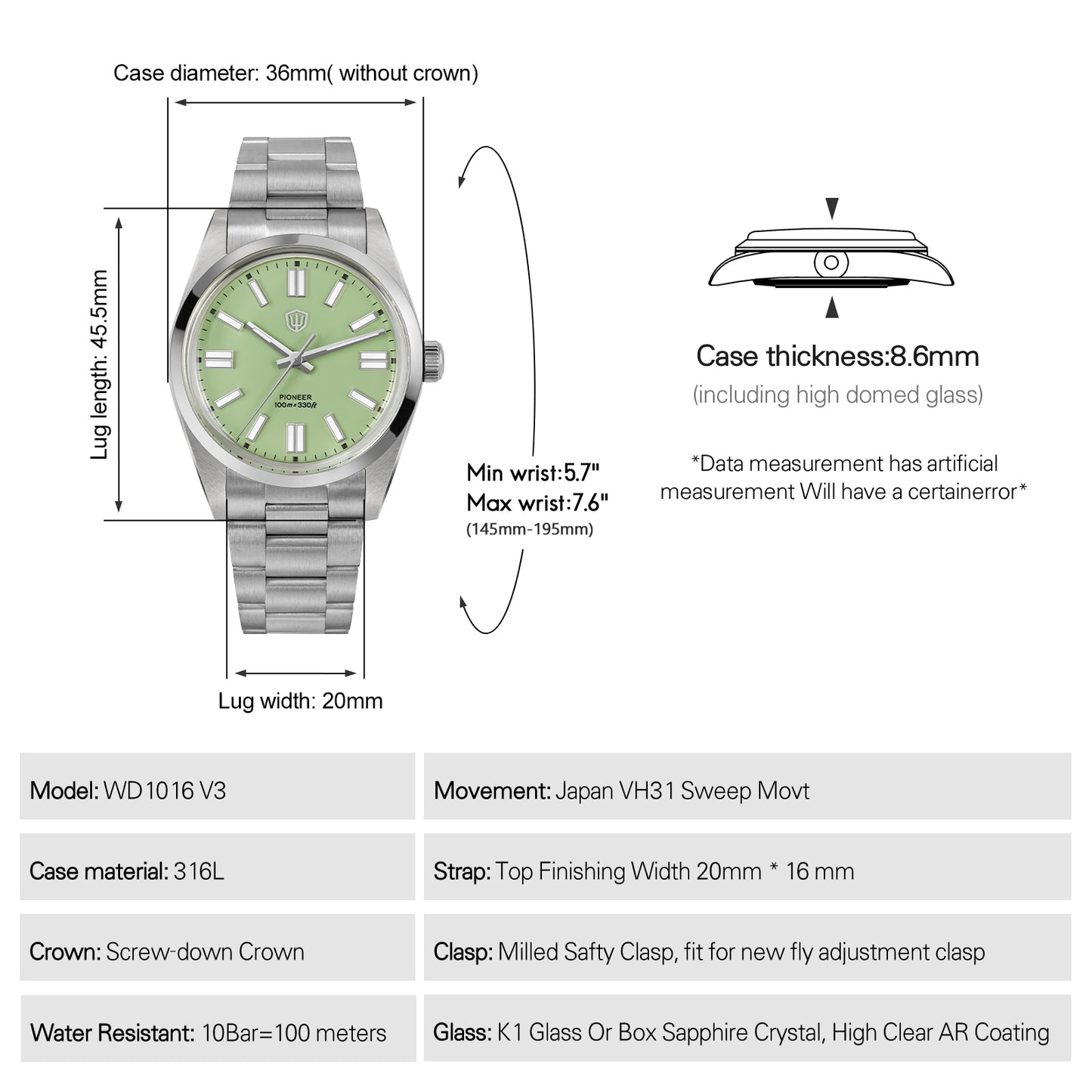 Watchdives WD1016B 37mm Pioneer VH31 Men Watch