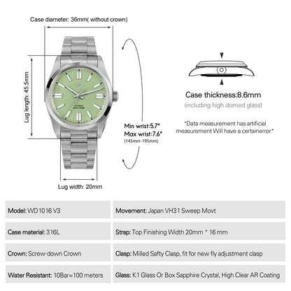 Watchdives WD1016B 37mm Pioneer VH31 Men Watch