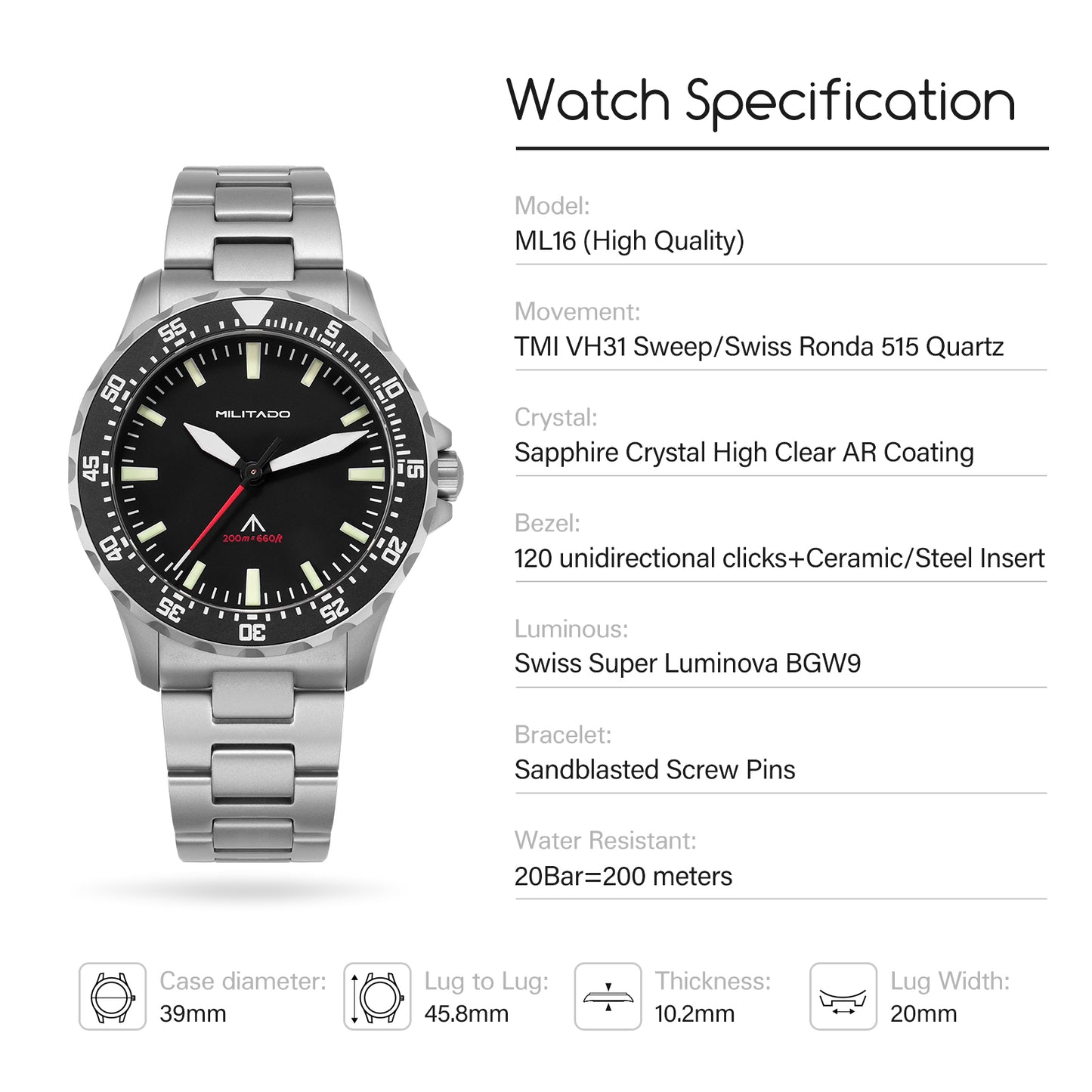 Militado ML16 39mm Sapphire Quartz Field Diver Watch