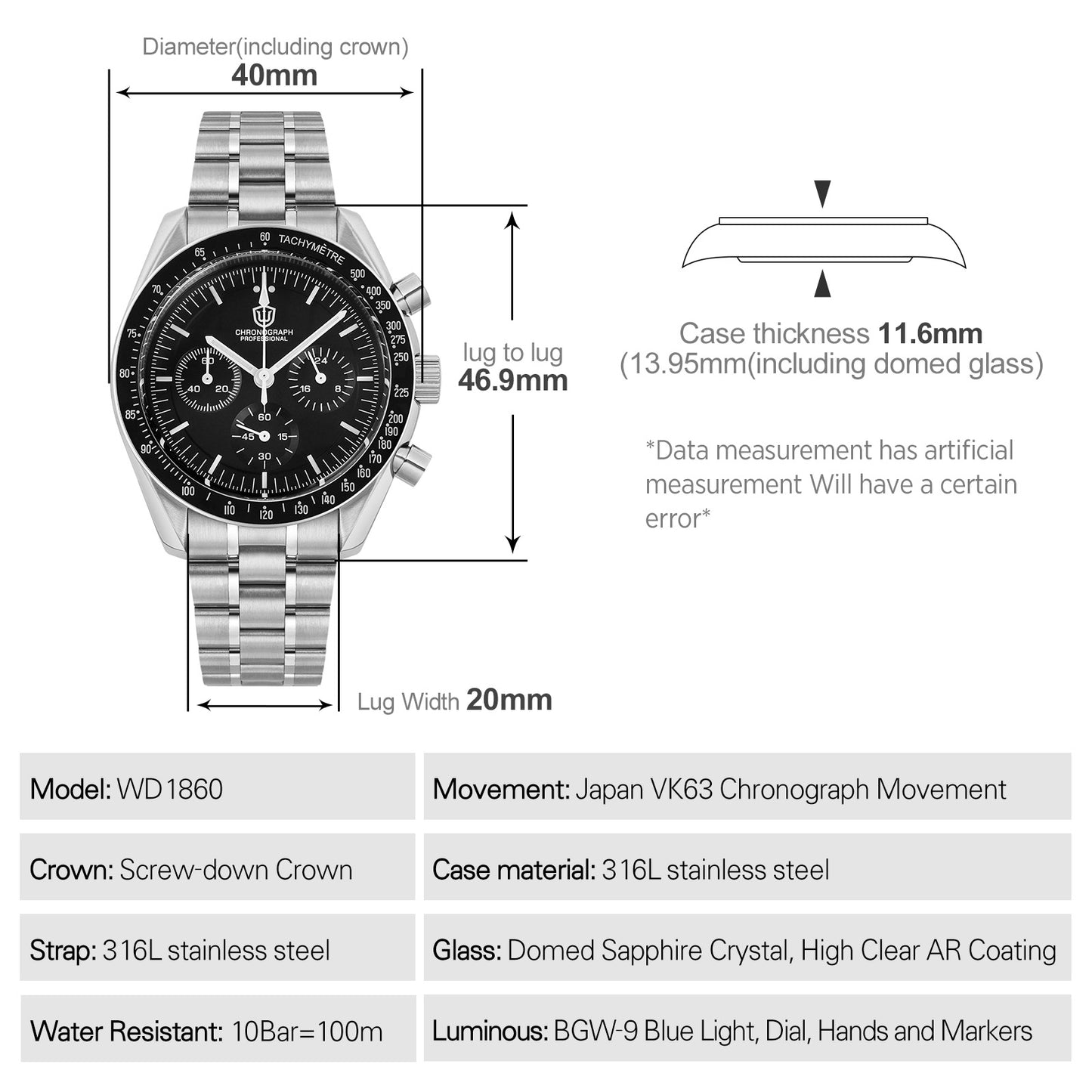 Watchdives 40mm WD1860 VK63 Chronograph Watch