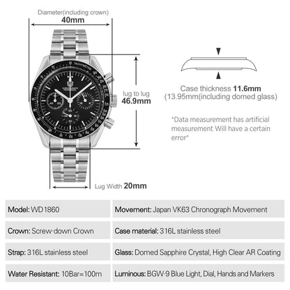 Watchdives 40mm WD1860 VK63 Chronograph Watch