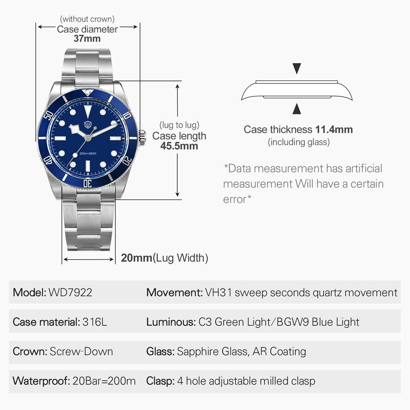 Watchdives WD7922 37mm VH31 Watch
