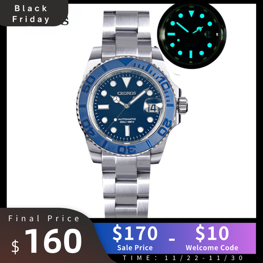 ★Black Friday★Cronos 2.5x Water Ghost Sub Dive Watch L6018 Fully Brushed Bracelet