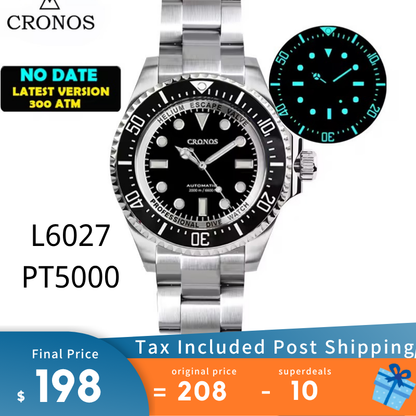 Cronos 44mm Sub Diver Watch PT/SW Movement L6027