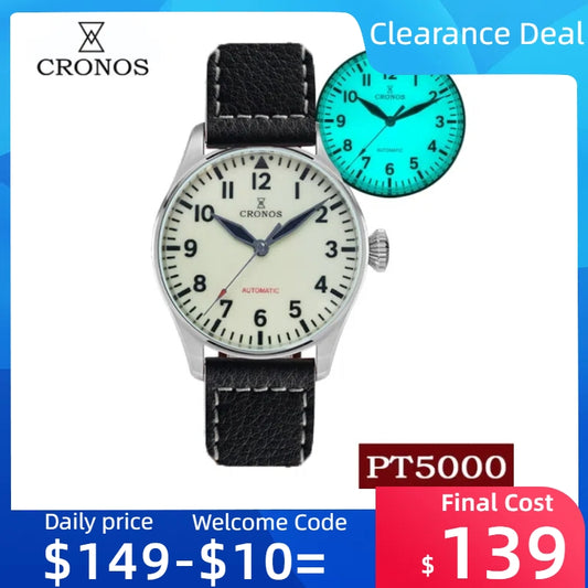 Cronos Pilot Flieger Mechanical  Leather Strap L6001