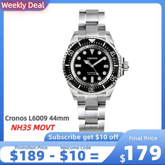 ★Weekly deal★Cronos 44mm Sub Diver Watch L6009 - Calendar