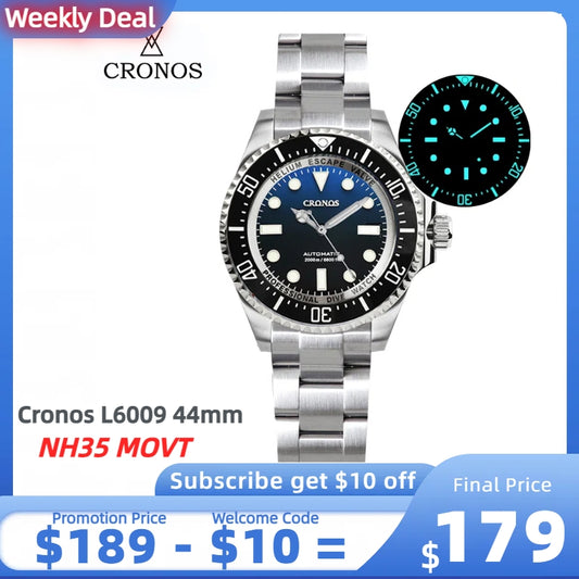 ★Weekly deal★Cronos 44mm Sub Diver Watch L6009 - No Calendar