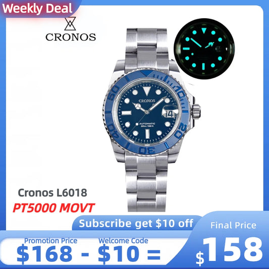 ★Weekly deal★Cronos 2.5x Water Ghost Sub Dive Watch L6018 Fully Brushed Bracelet