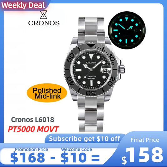 ★Weekly deal★Cronos 2.5x Water Ghost Sub Dive Watch L6018 Polished Mid-link