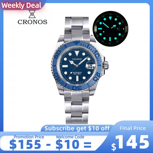 ★Weekly Deals★Cronos 2.5x Water Ghost Sub Dive Watch L6018 Fully Brushed Bracelet