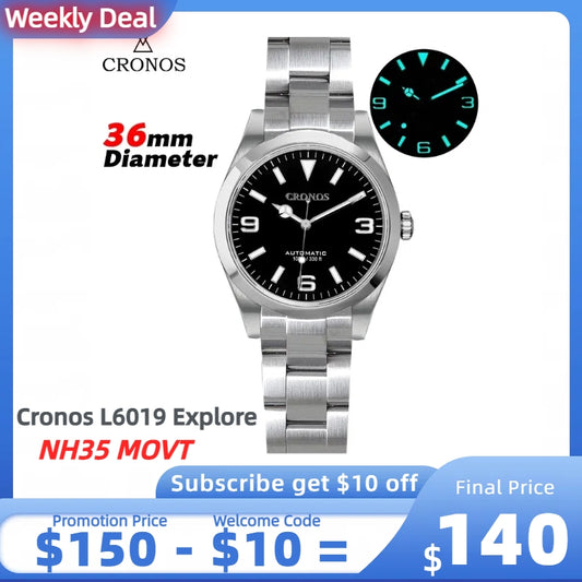 ★Weekly deal★Cronos 36mm Explore NH35 Automatic Watch L6019