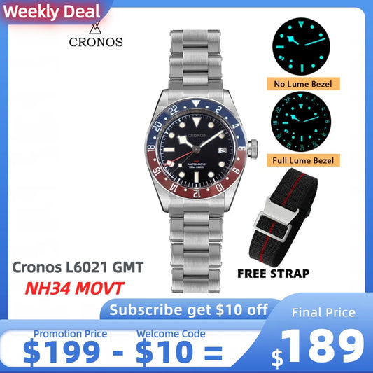 ★Weekly Deal★Cronos NH34 GMT Automatic Men Watch L6021