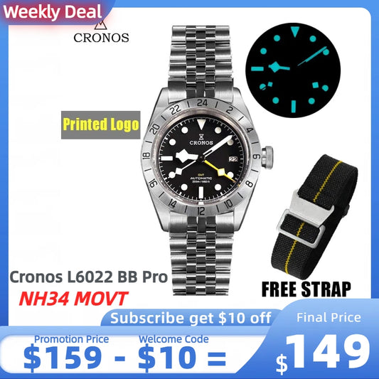 ★Weekly Deal★Cronos GMT BB Pro 39mm NH34 Automatic Men Watch L6022