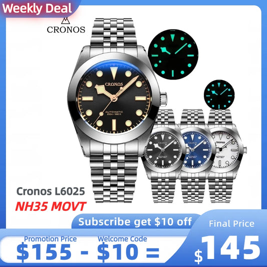 ★Weekly deal★Cronos BB39 NH35 Snowflake Automatic Men Watch L6025-Jubilee bracelet