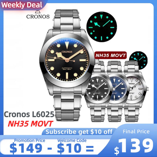 ★Weekly Deal★Cronos BB39 NH35 Snowflake Automatic Men Watch L6025-Riveted bracelet