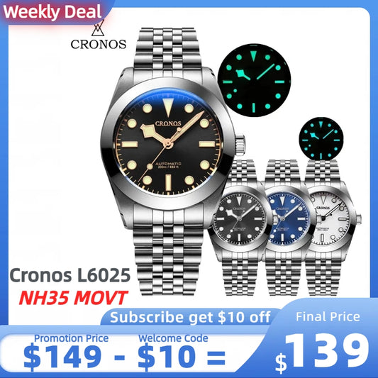 ★Weekly Deal★Cronos BB39 NH35 Snowflake Automatic Men Watch L6025-Jubilee bracelet
