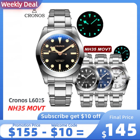 ★Weekly deal★Cronos BB39 NH35 Snowflake Automatic Men Watch L6025-Riveted bracelet