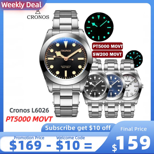 ★Weekly deal★Cronos BB39 PT5000/SW200 Snowflake Automatic Watch L6026-Riveted bracelet