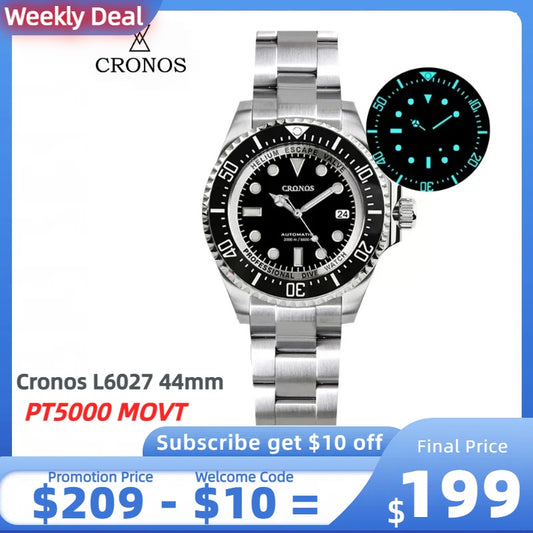 ★Weekly deal★Cronos 44mm Sub Diver Watch PT/SW Movement L6027- with Calendar