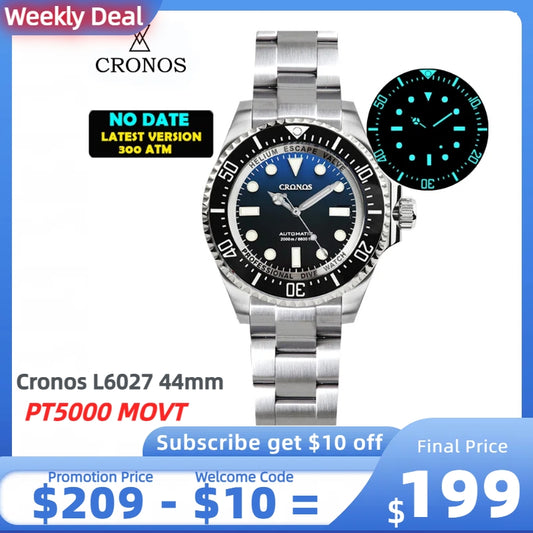 ★Weekly deal★Cronos 44mm Sub Diver Watch PT/SW Movement L6027 - No Calendar
