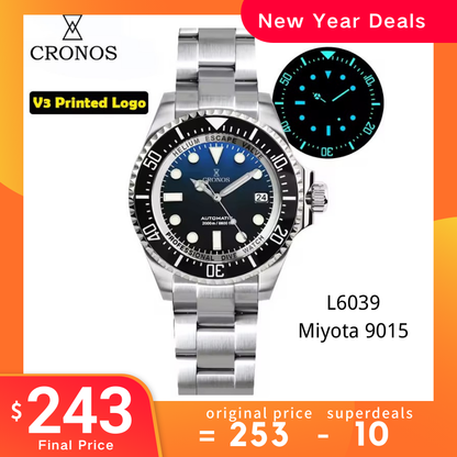 Cronos 44mm Sub Diver Watch 2000 Meters Water Miyota 9015 L6039